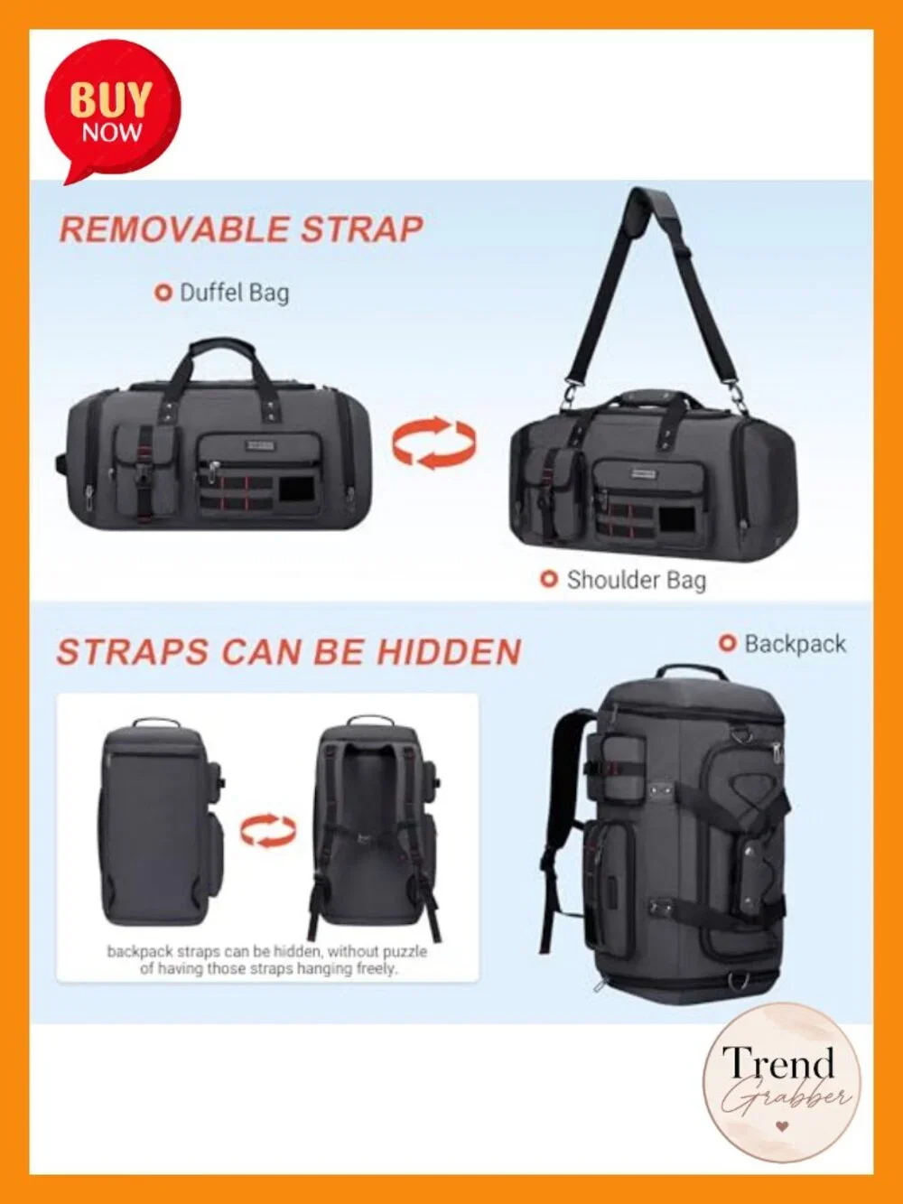45L Convertible Duffel Backpack Water-Resistant Nylon Travel Gym Weekender
